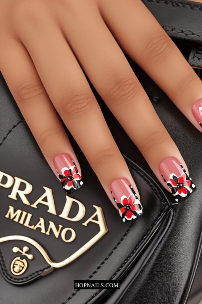 Black and White Bordered Floral Nails