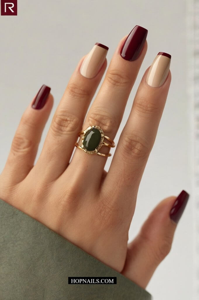 Classy Dark Red And Gold Nails