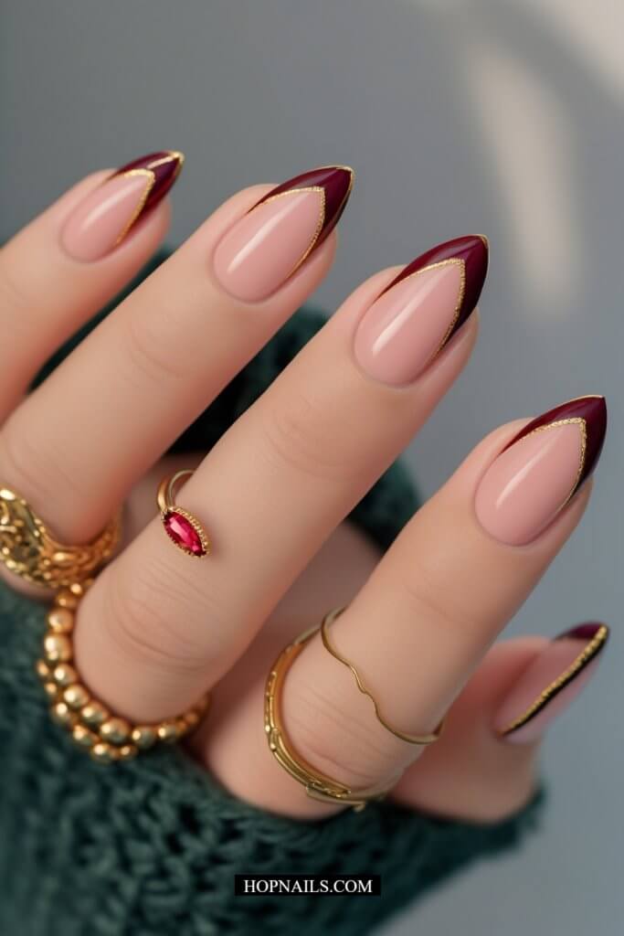 Dark Red And Gold Nail Art