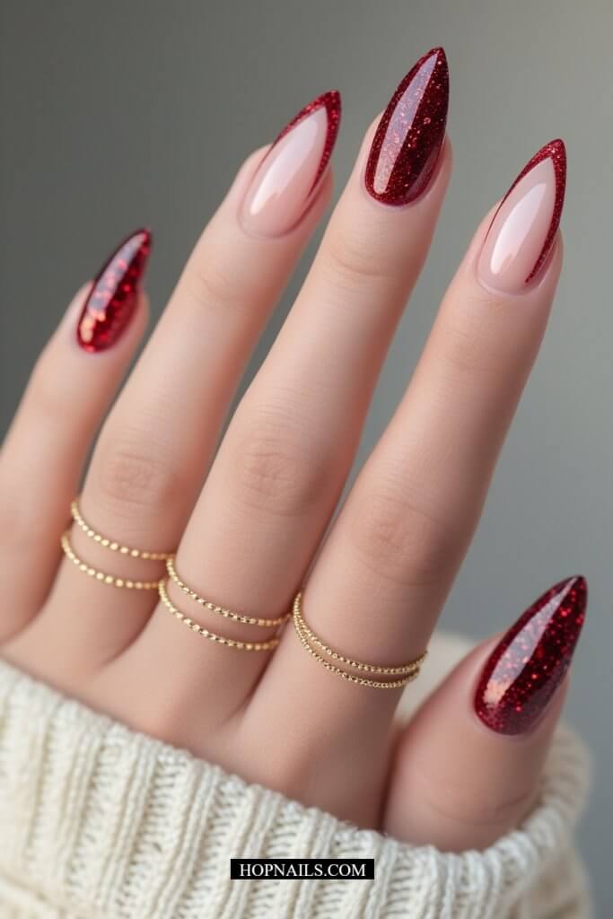 Dark Red Glitter Nail Design