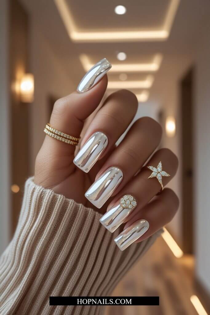 Square Vanilla Chrome Nails