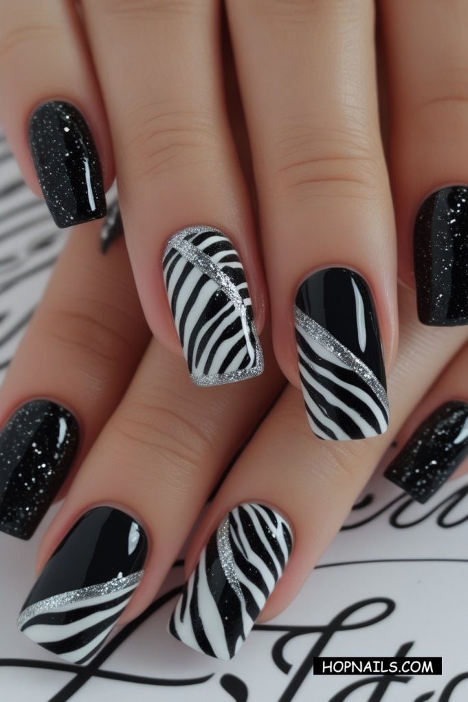 Black & Silver Animal Design nail