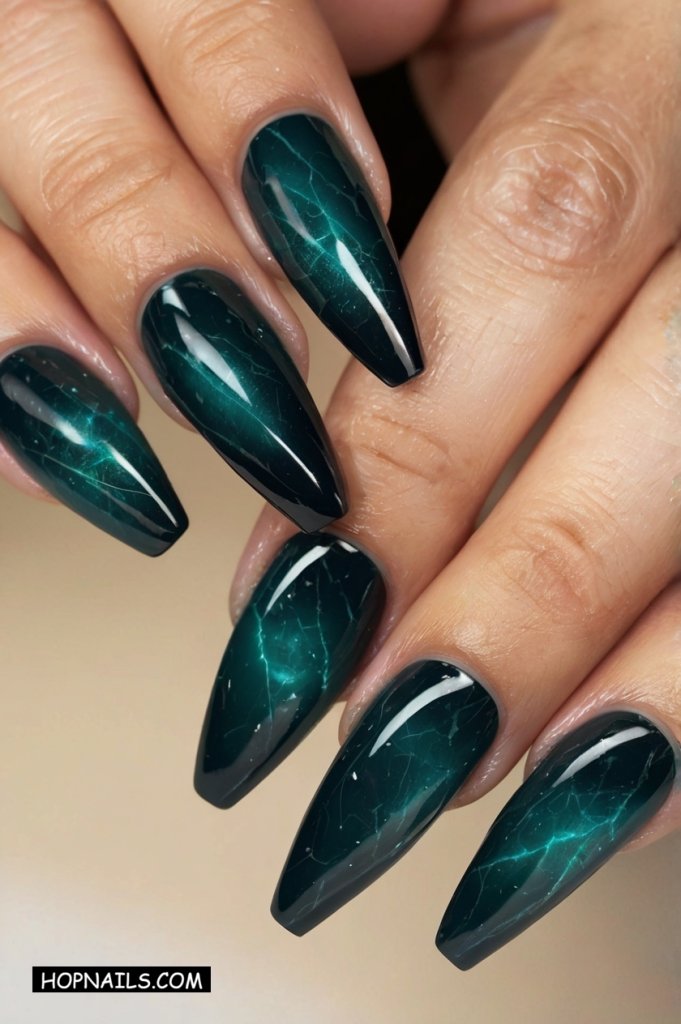 Dark Teal Lightning Nails