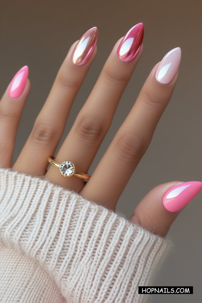 Five Shades of Pink Chrome Nails