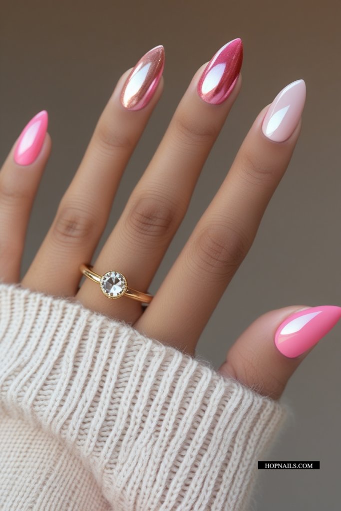 Five Shades of Pink Chrome Nails