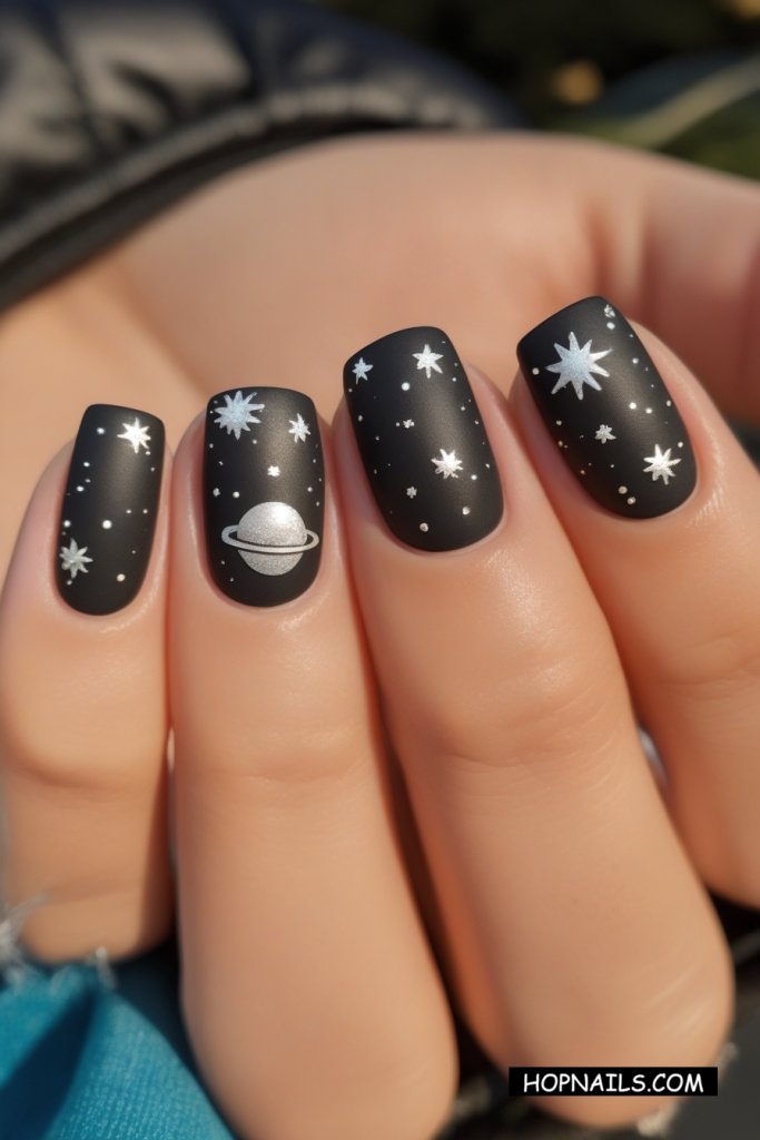 Galaxy Silver & Black nail art
