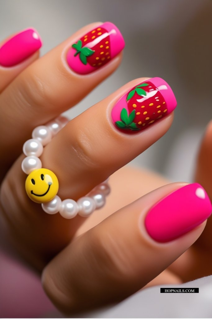 Hot Pink Strawberry Nails