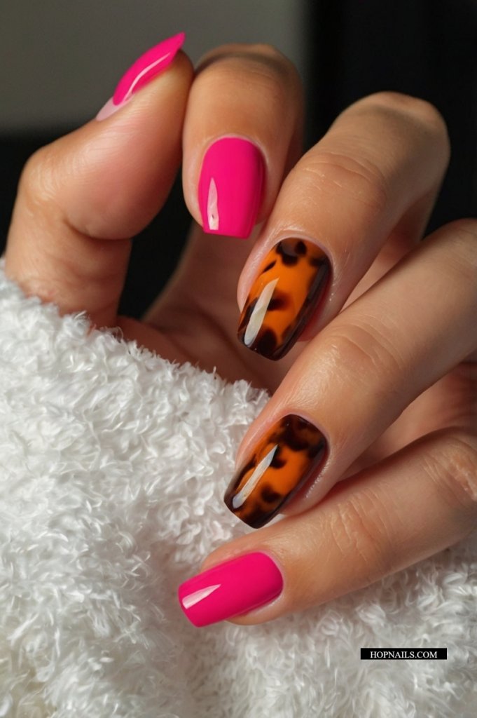 Hot Pink Tortoiseshell Nails