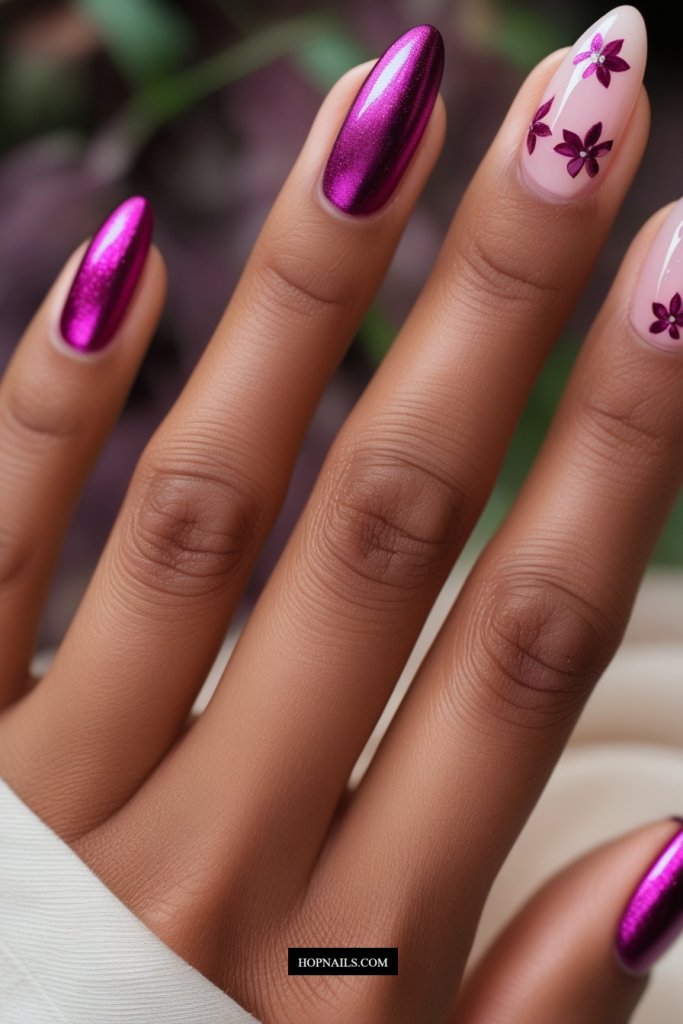 Metallic Magenta Floral Mani
