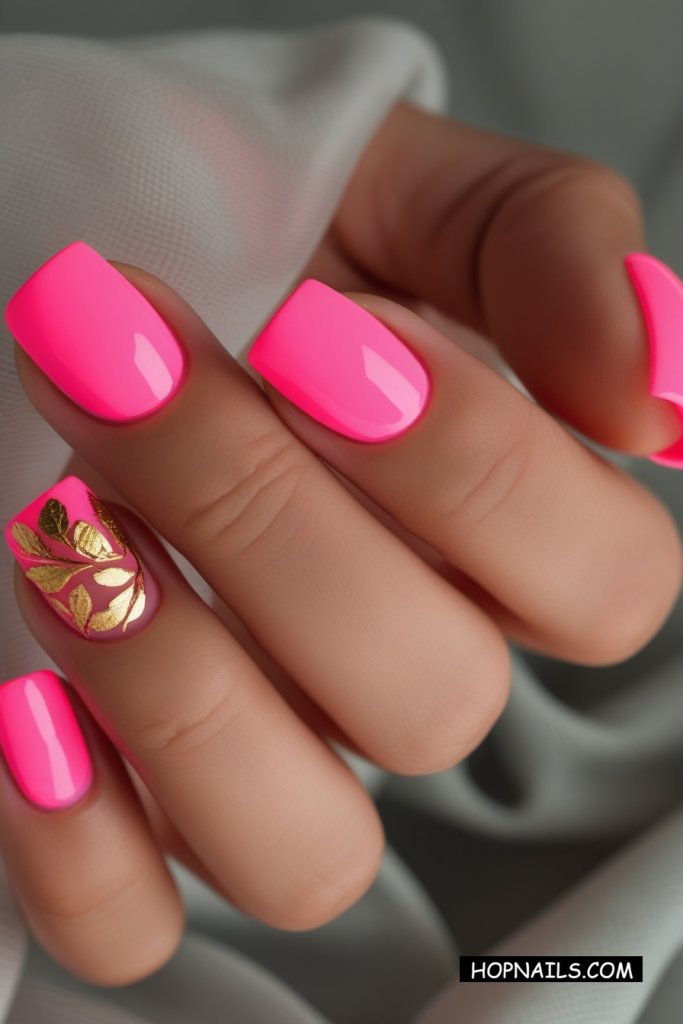 Neon Pink And Gold Short Nails