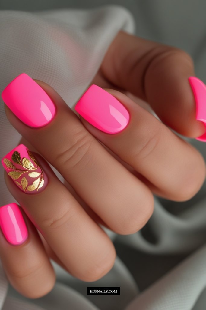 Neon Pink And Gold Short Nails