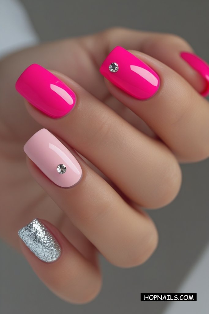 Pink And Silver Glitter Short Nails
