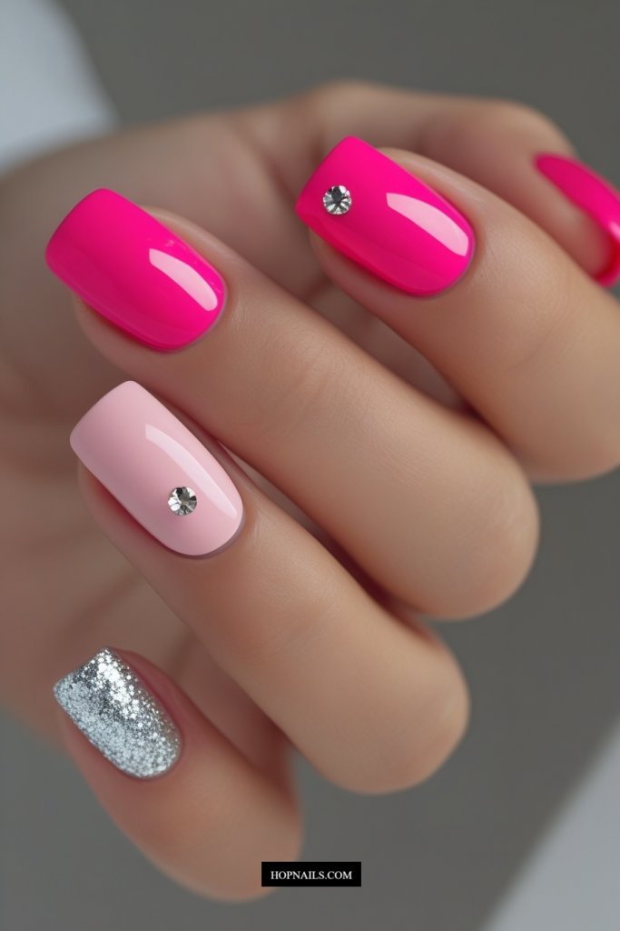 Pink And Silver Glitter Short Nails