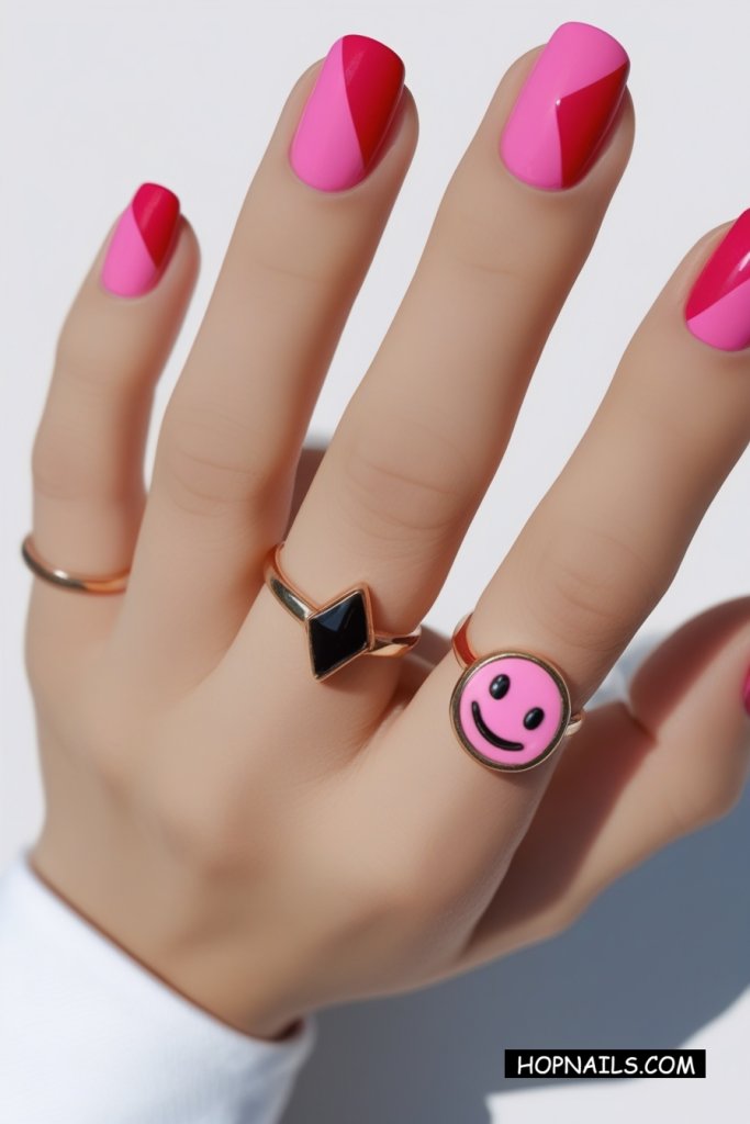 Pink and Red Color Block Nails