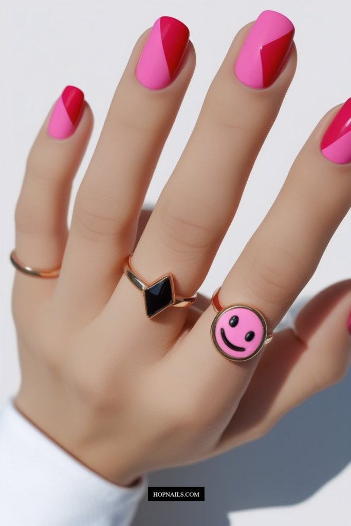 Pink and Red Color Block Nails