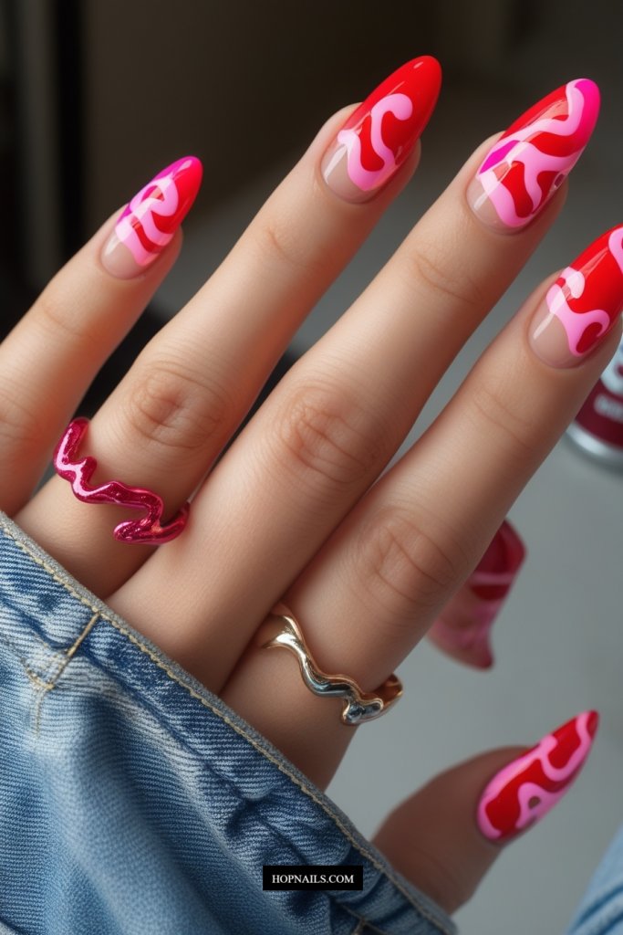 Pink and Red Squiggle French Tips