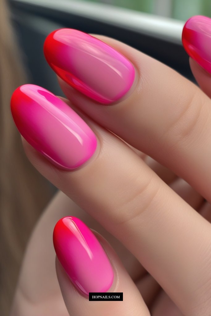 Shiny Red And Hot Pink Nails