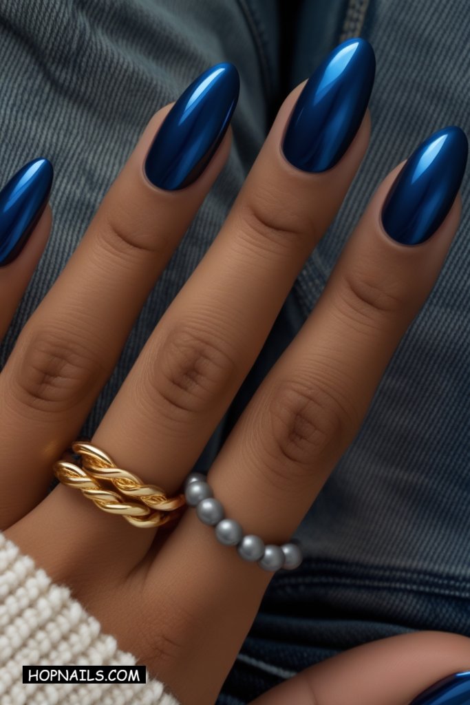 Solid Dark Blue Chrome Nails