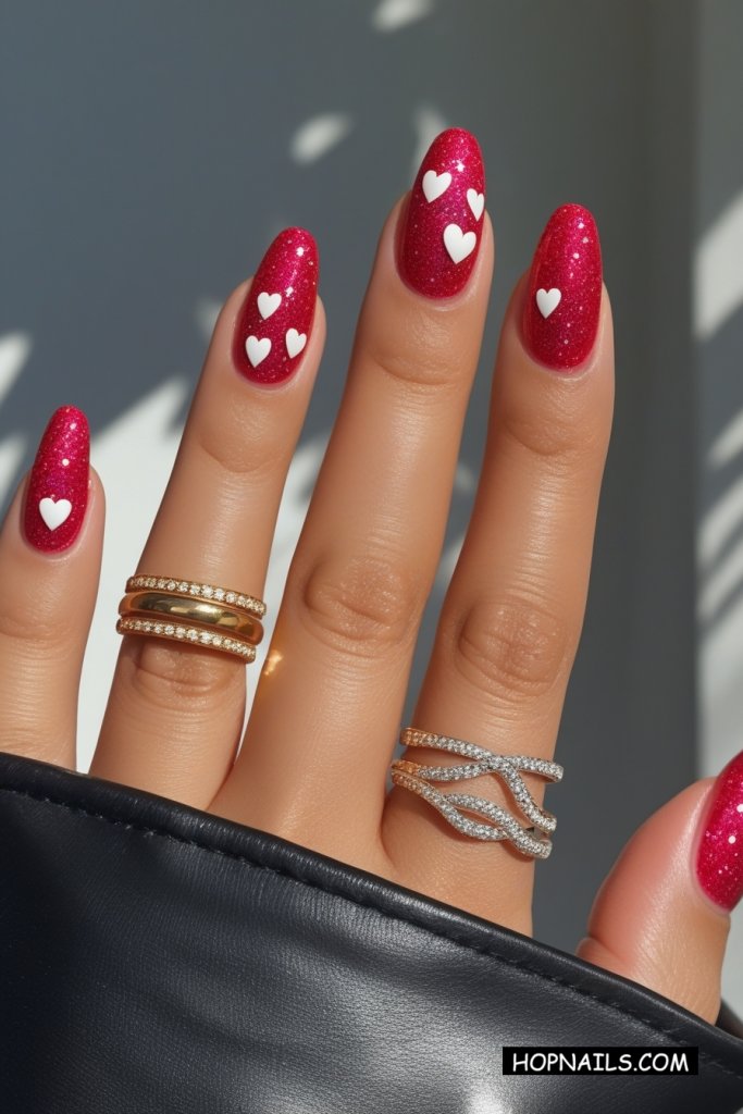Sparkly Red with White Hearts nail