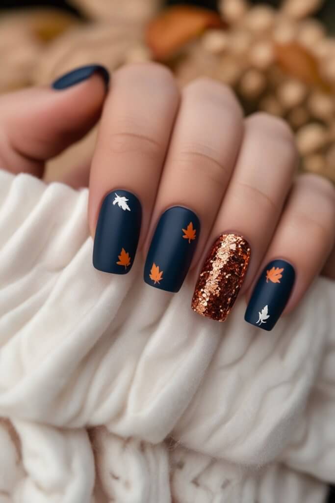 Blue Fall Nails with Copper Glitter