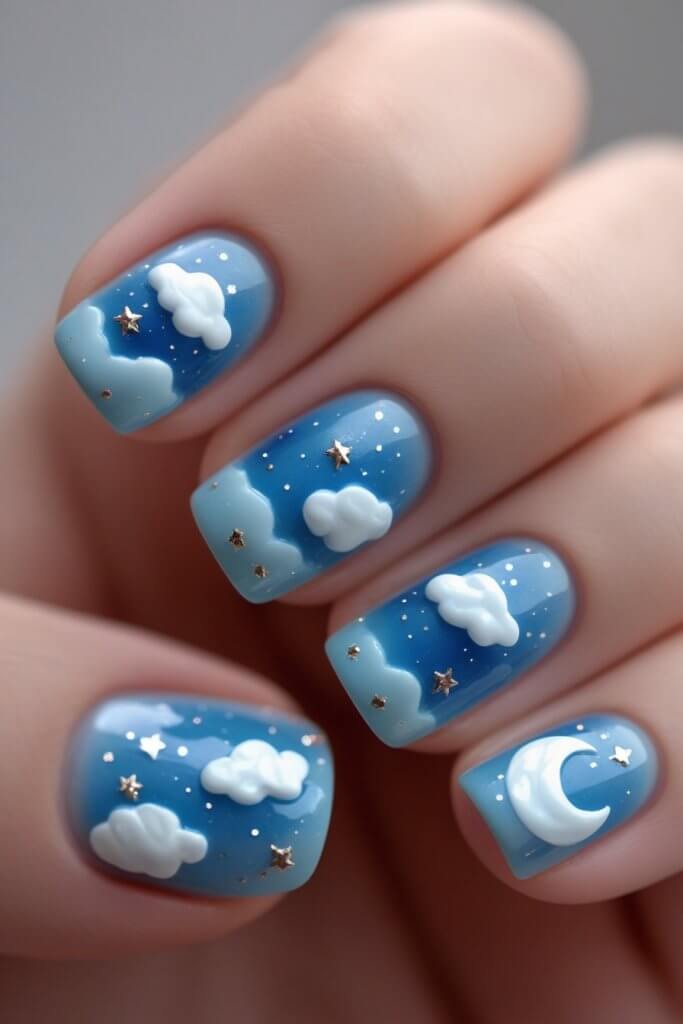 Whimsical Blue Fall Sky Nails