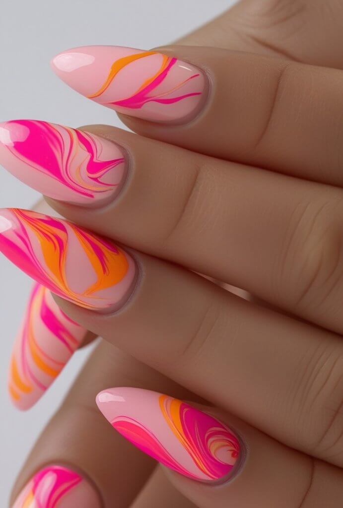 Bright Pink & Orange Stiletto Nails