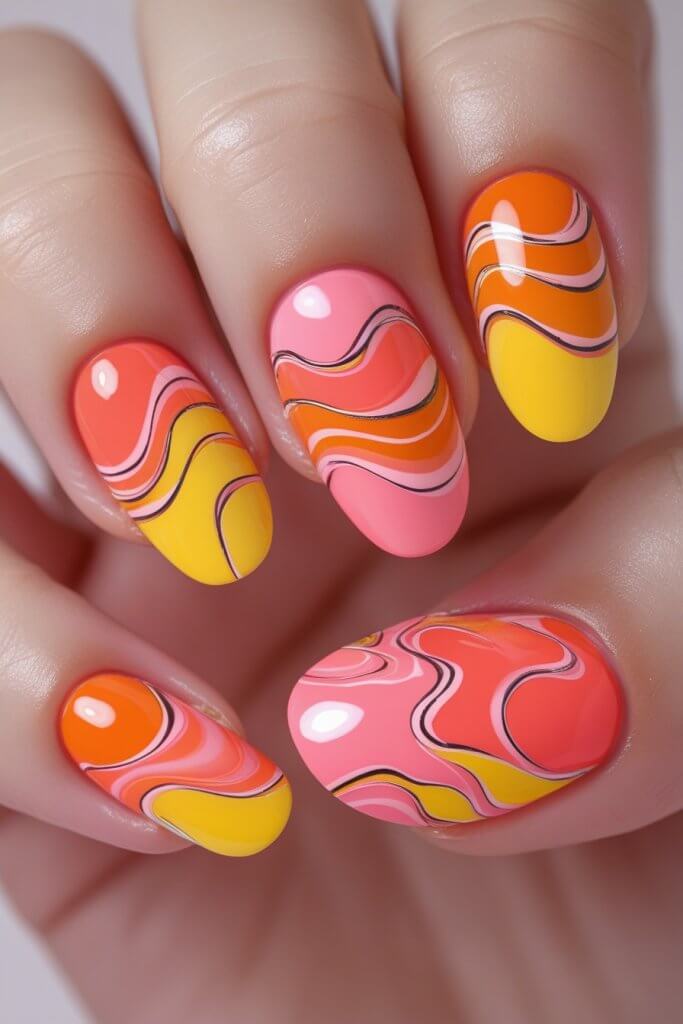 Hand Painted Orange & Pink Nails