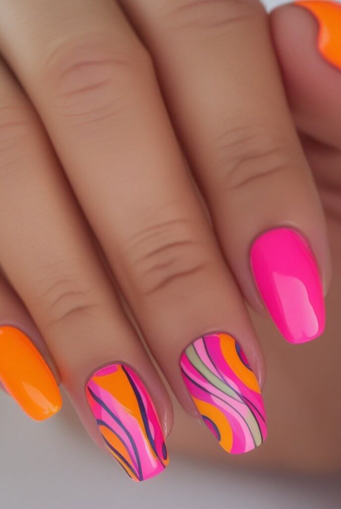 Hot Pink and Orange Nail Art
