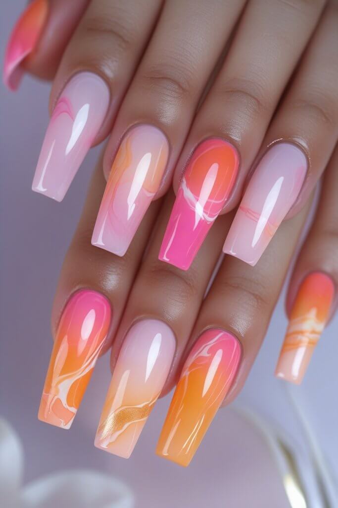Light Pink & Orange Marble Ombre Nails