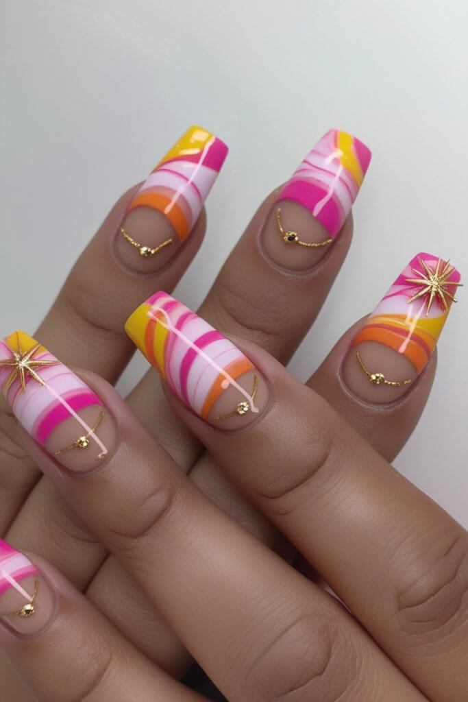 Natural Pink & Orange Swirl French Nails