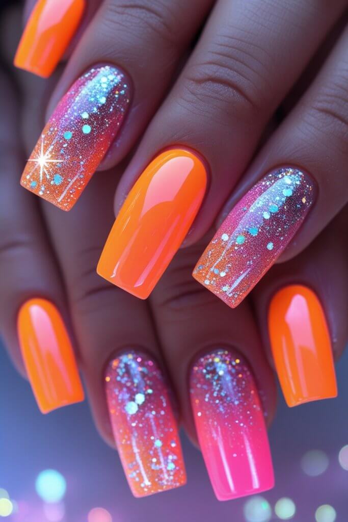 Neon Pink & Orange Ombre Nails