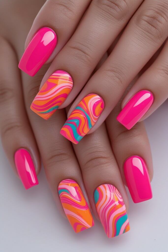 Neon Pink & Orange Swirl Nails