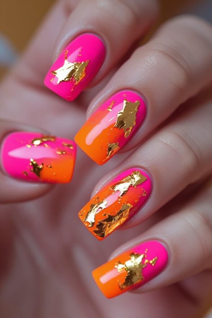 Orange & Pink Nails With Chrome Flakes