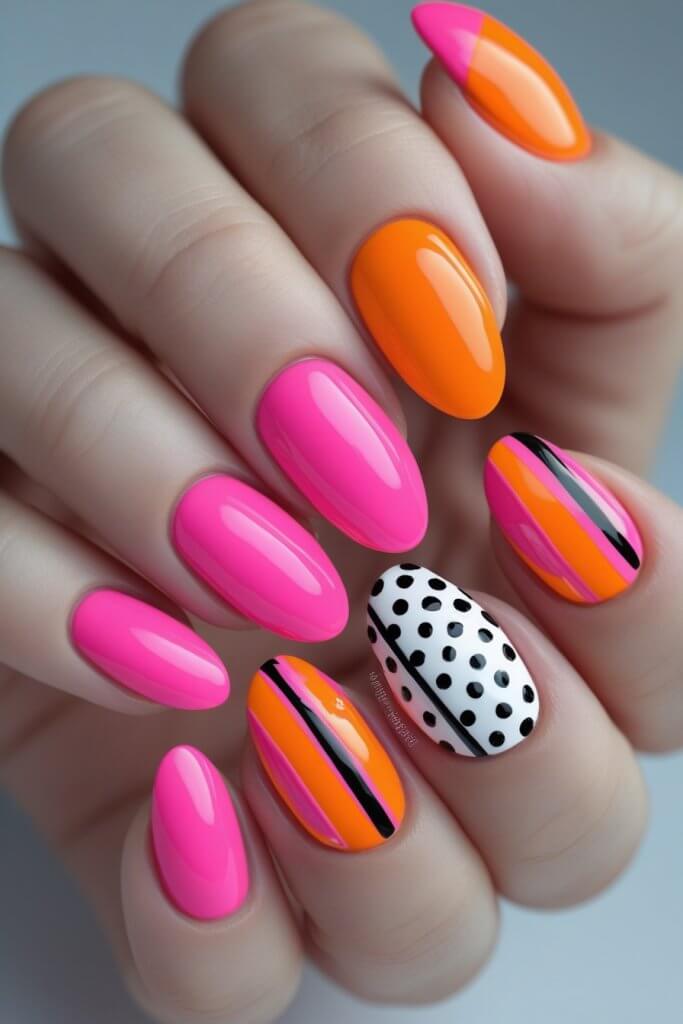 Orange & Pink Nails With Polka Dots