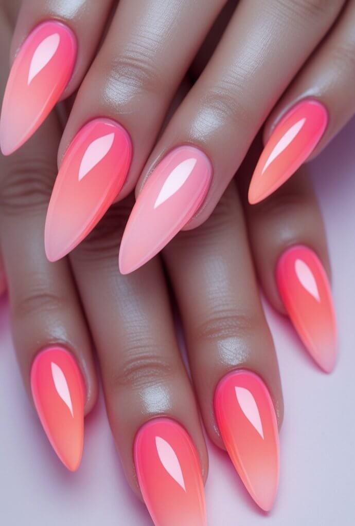 Pink Long Almond Nails With a Hint of Orange