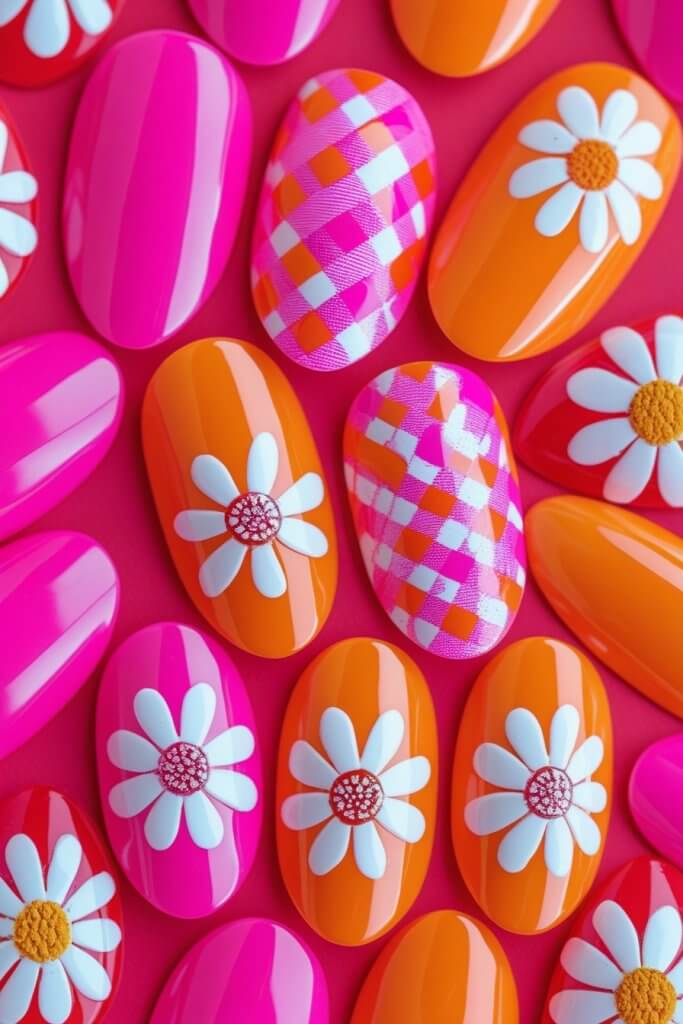 Pink & Orange Checkered Nails