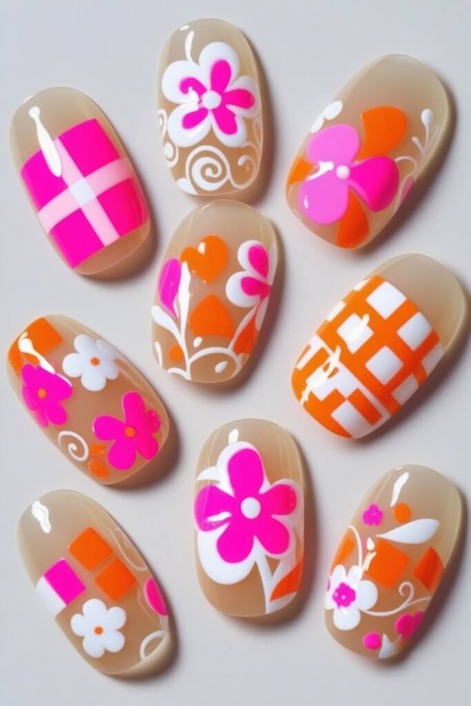 Pink & Orange Floral Inspired Nail